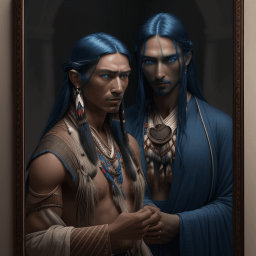 AI generated: a photo of a man with blue eyes looking at herself, in the style of light indigo and dark amber, rea...