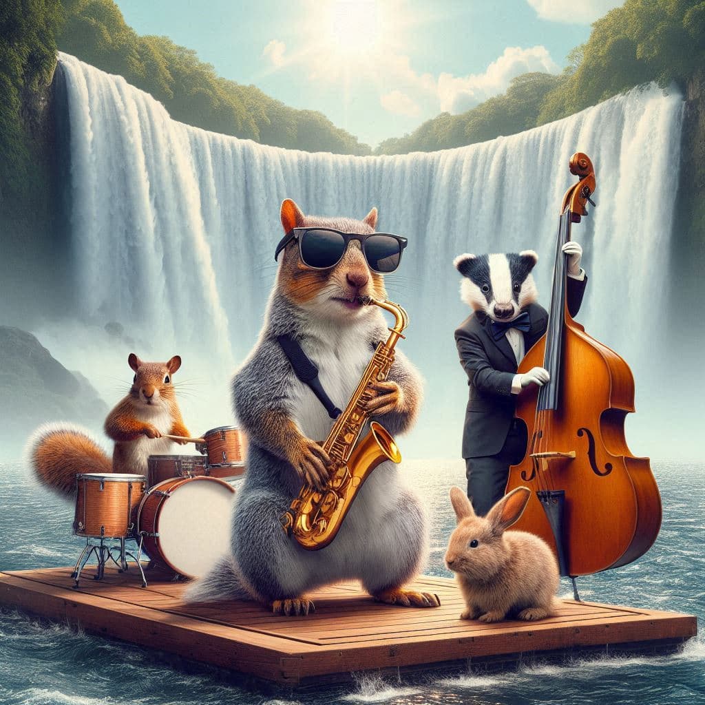 AI generated: Rare masterpiece photograph of a squirrel in sunglasses playing saxophone, a badger in a suit playin...