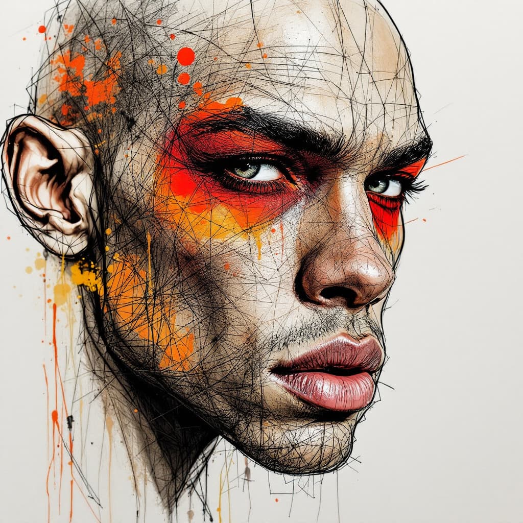 AI generated: a drawing of  Royce Gracie  face with a red eyeshadow, in the style of bold colorful lines, dark bei...