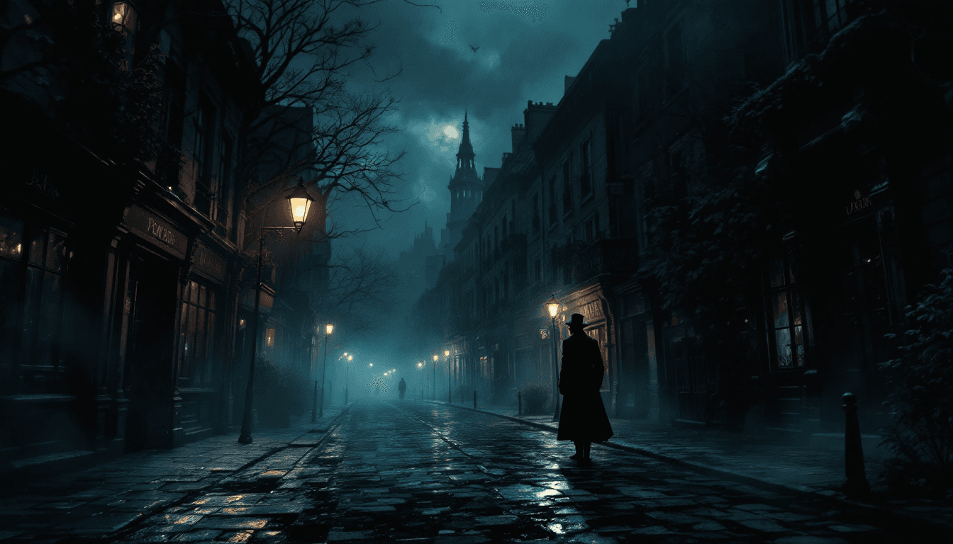 AI generated: A Victorian, dark and misty Parisian street at night, with a faint light from a gas lamp, in a Penny...