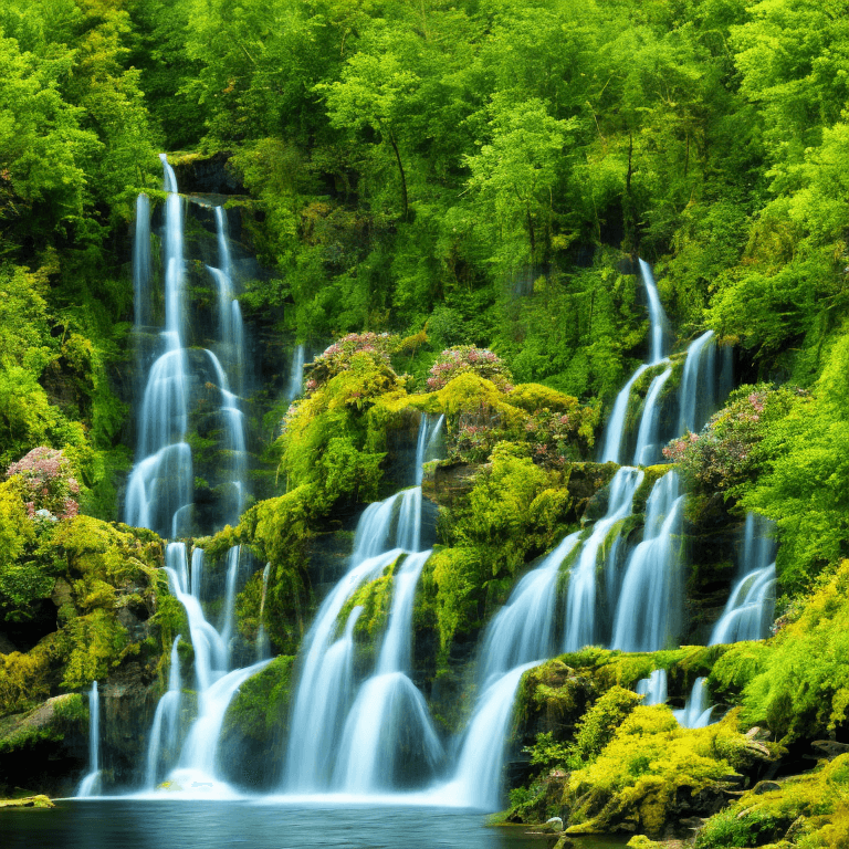AI generated: foliage, plants, flora, trees, nature, flowers, waterfall, bright, high detail, high resolution, pho...