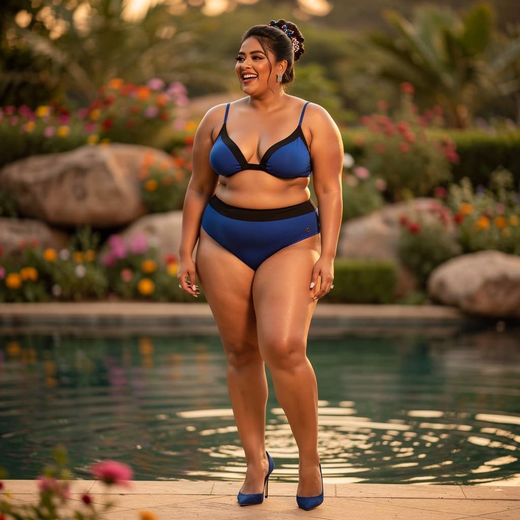 AI generated: a full BODY pretty sexy moody smile sexy charming face front cleavage sexy view  plus size Indian Bo...