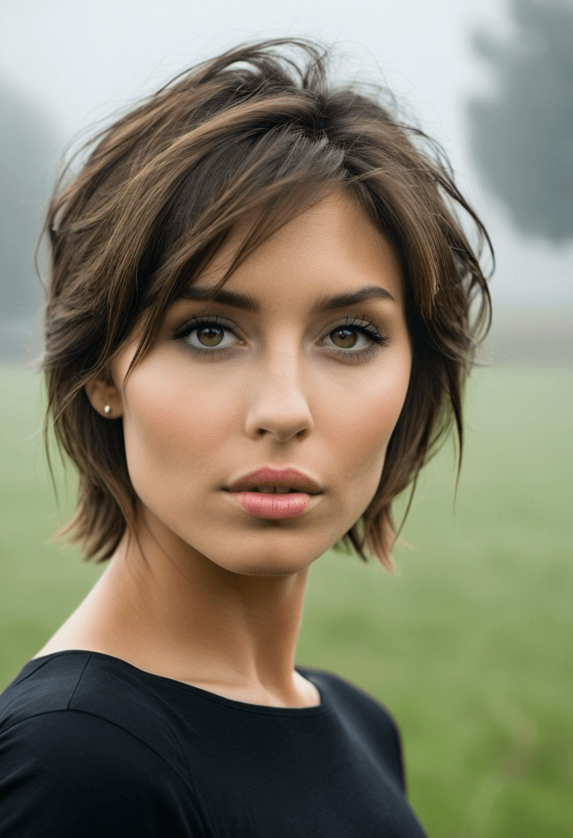 AI generated: HDR photo of woman with a short messy bob haircut, brunette with light blonde highlights, light blue...