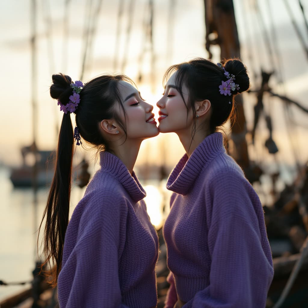 AI generated: Full body view of a Photo of a ultra realistic Two Korean ATHLETIC  women  wearing purple short chin...