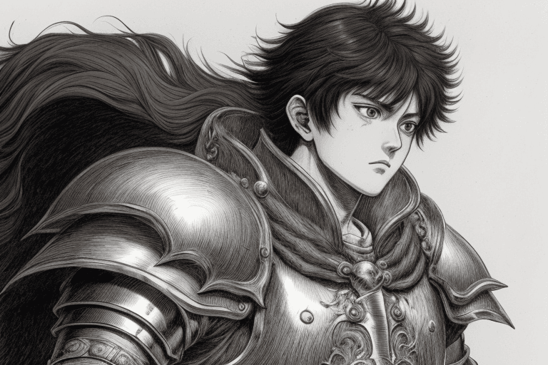 AI generated: monochrome, a boy, brown hair with tuft, in golden armor, manga, ((without helmet)), berserk manga s...