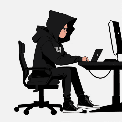 AI generated: Create character with hoodie , sitting on chair at desk in a dimly lit room, looking at pc screen, n...