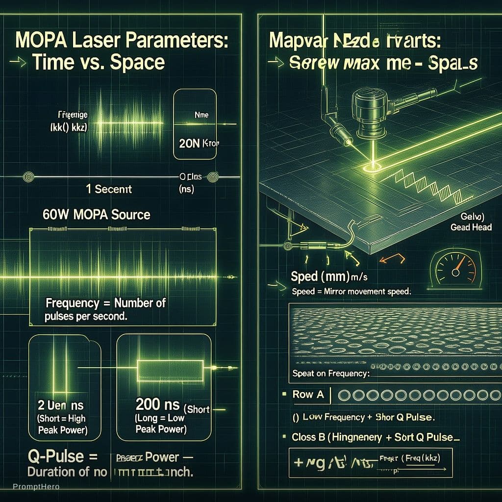 AI generated: Create a clean, professional 2-panel educational infographic titled "MOPA Laser Parameters: Time vs....