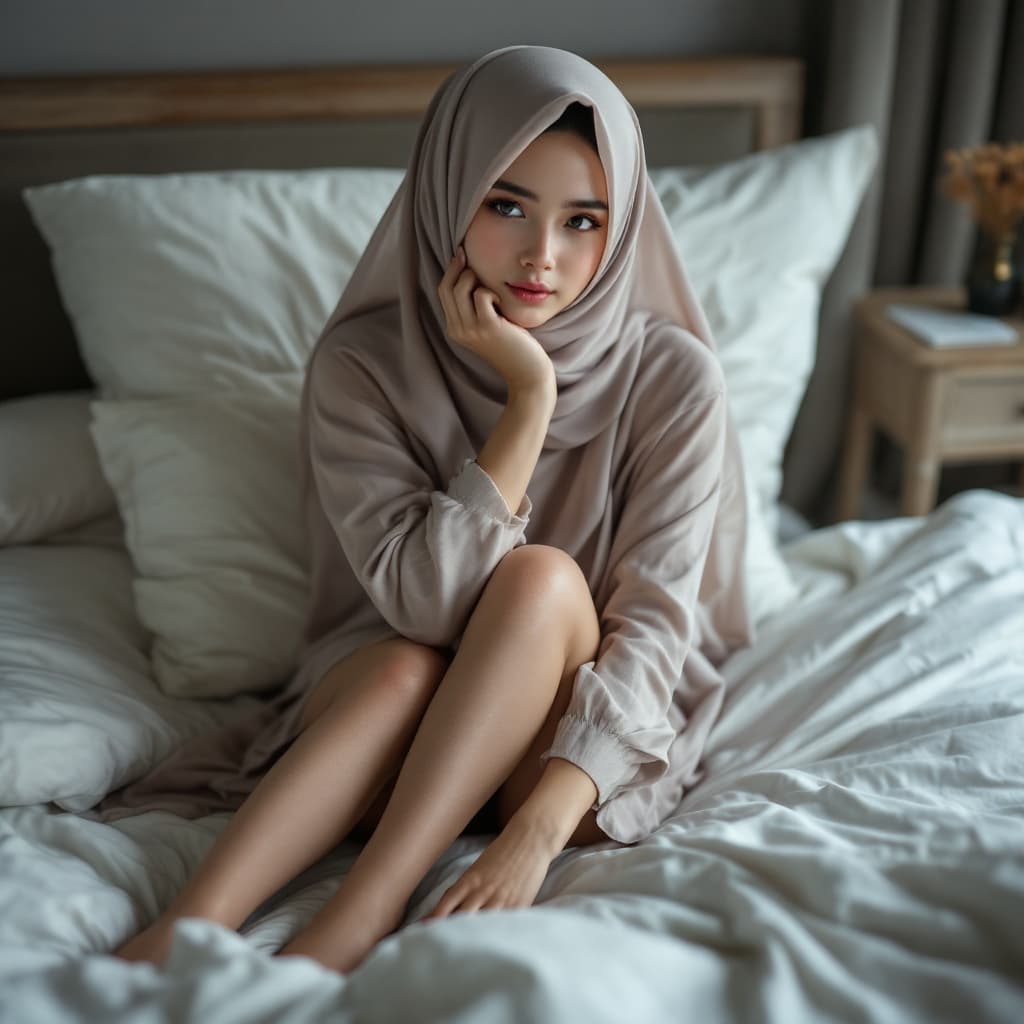 AI generated: Realistic, Asian hijab girl ,15 years old ,transparant body stocking ,nude ,full body ,sit ,in bed 