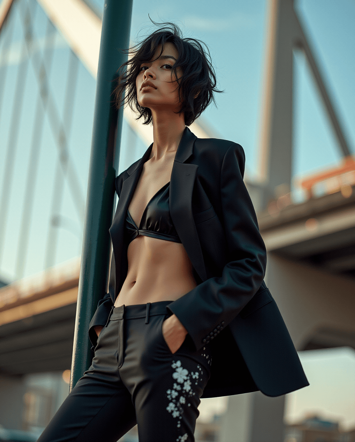 AI generated: High fashion photo of a slim, small breast, flat chest, abs, young asian female supermodel, with sho...