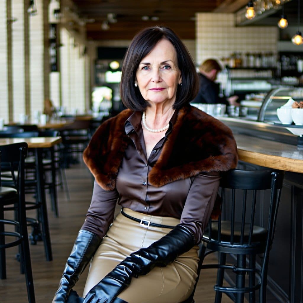 AI generated: Photo of a 45 year old elegant, serious looking caucasian lady with dark hair in a bob, blue eyes. W...