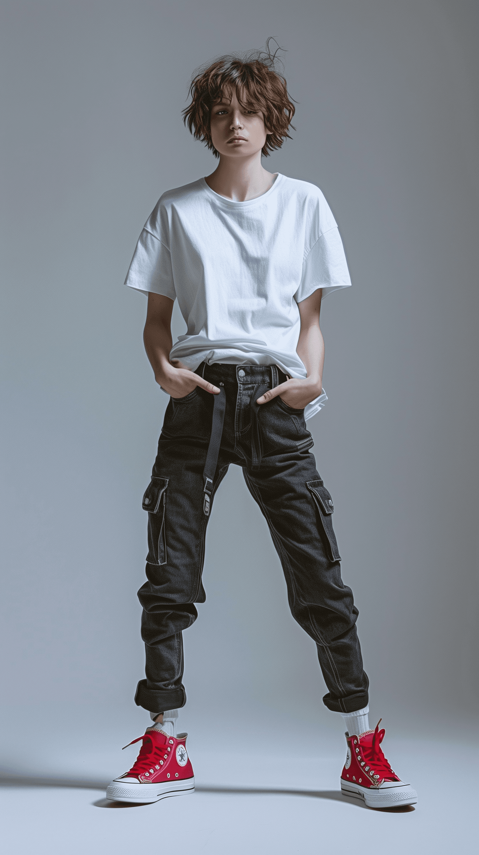 AI generated: photograph of a model posing in a minimalist set, model is styled in a streetwear, loose white t-shi...