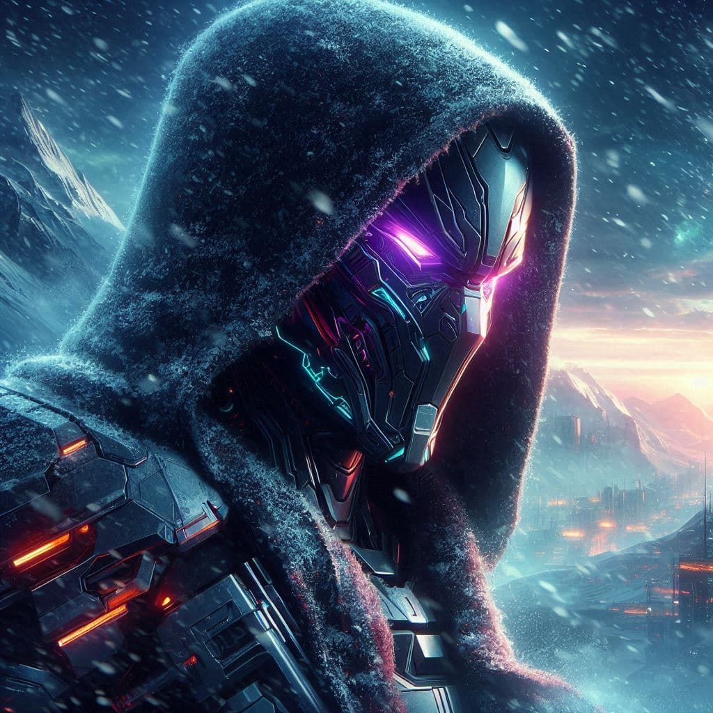 AI generated: Right angled silhouette of a futuristic, cyber-assassin in a snowbound dystopian cybercity, in a sle...