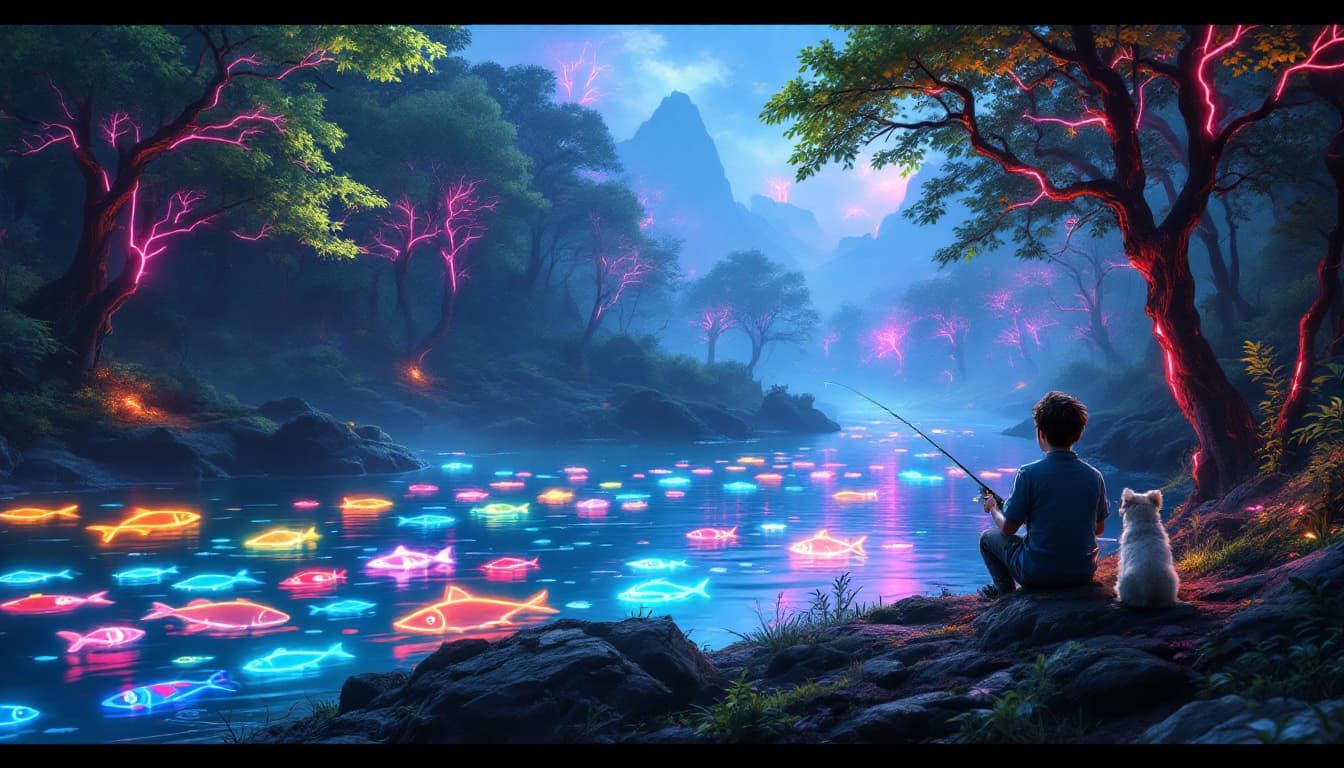 AI generated: High resolution image of a neon forest and river where trees and river got electrical circuit theme....