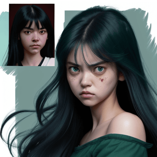 AI generated: a girl with long hair and big shoulders, with angry eyes, in the style of quirky manga art, bill wat...