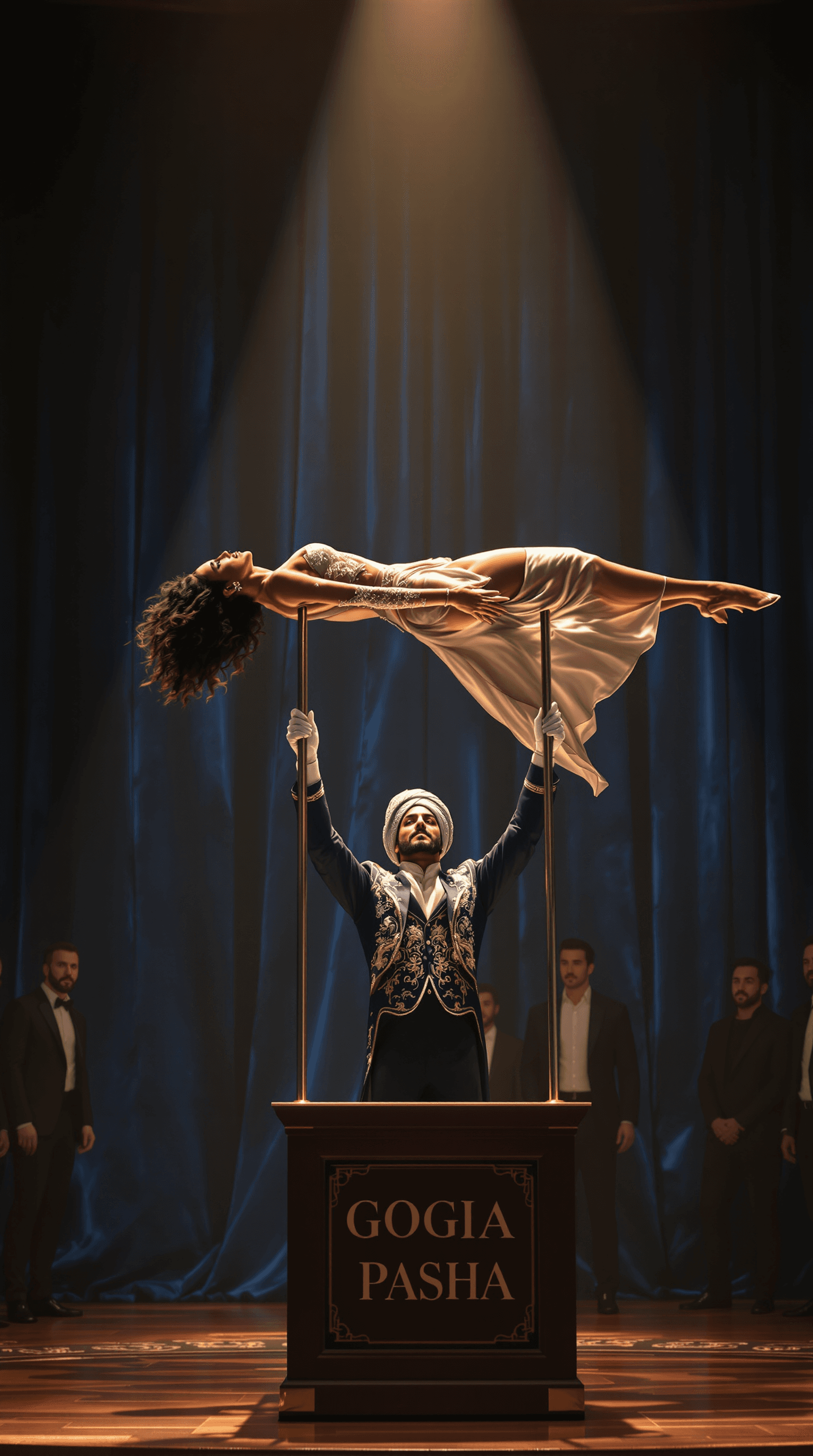 AI generated: A modern, 2020s-era photorealistic photograph of a grand stage illusion performance. The magician, w...