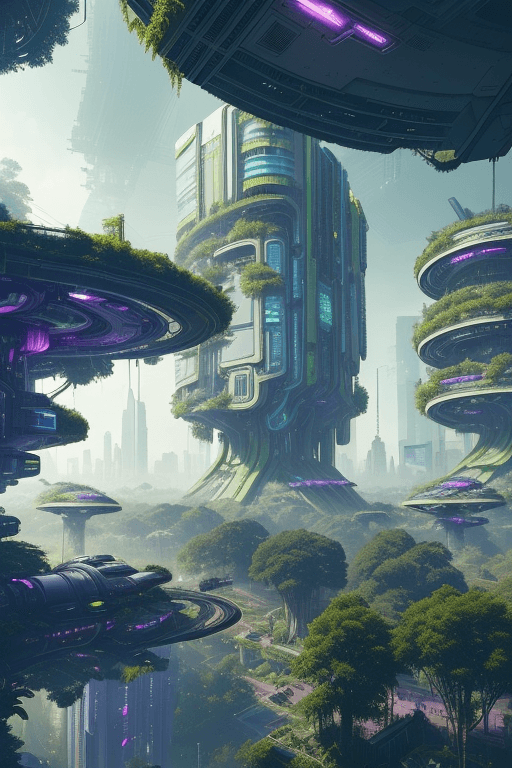 AI generated: a view of a city with a lot of trees and bushes, garden, a lot of flying objects , future city, in f...