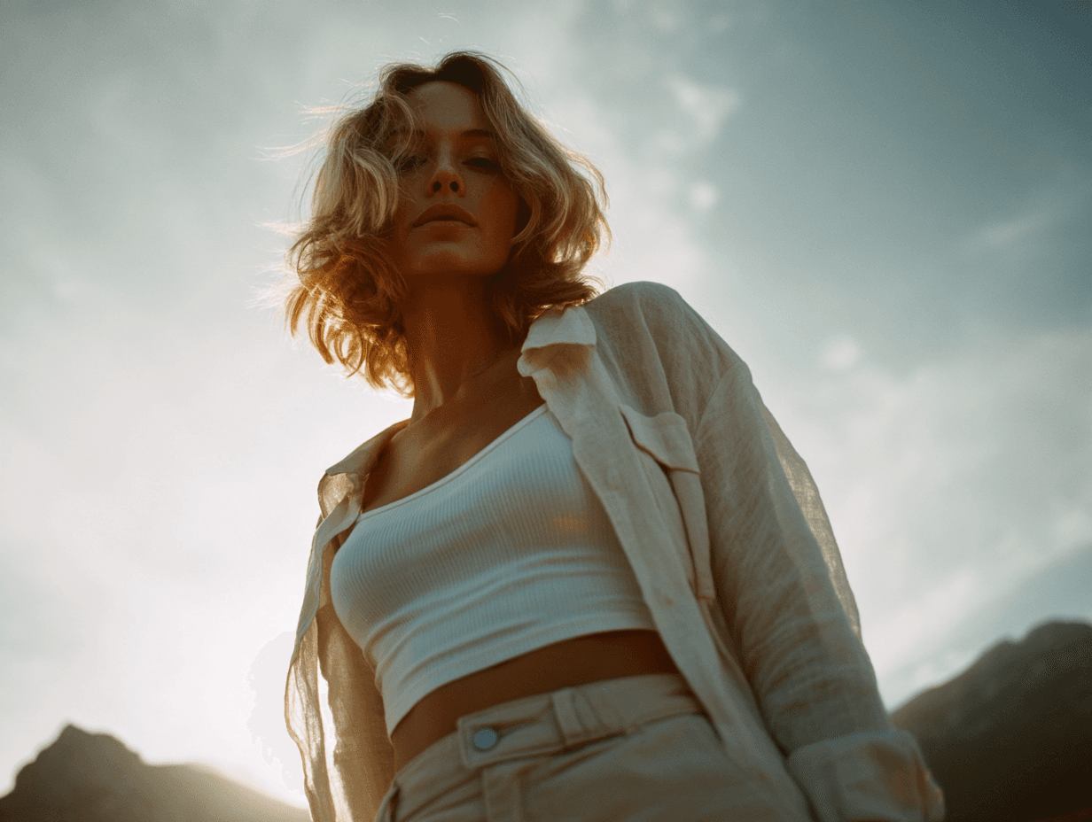 AI generated: low angle shot of a confident young woman standing outdoors at sunset, wearing a light, translucent ...