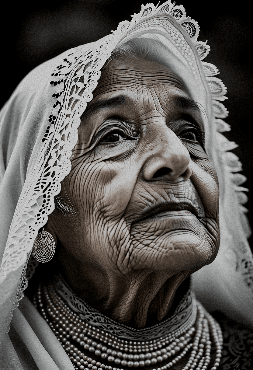 AI generated: Conceive a portrait in monochrome of an elderly woman, her visage a constellation of wrinkles tellin...