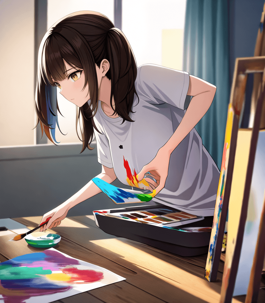 AI generated: ((perfect anime illustration)), 1girl, twin tails, brown hair, ((painting a picture, paintbrush, pai...