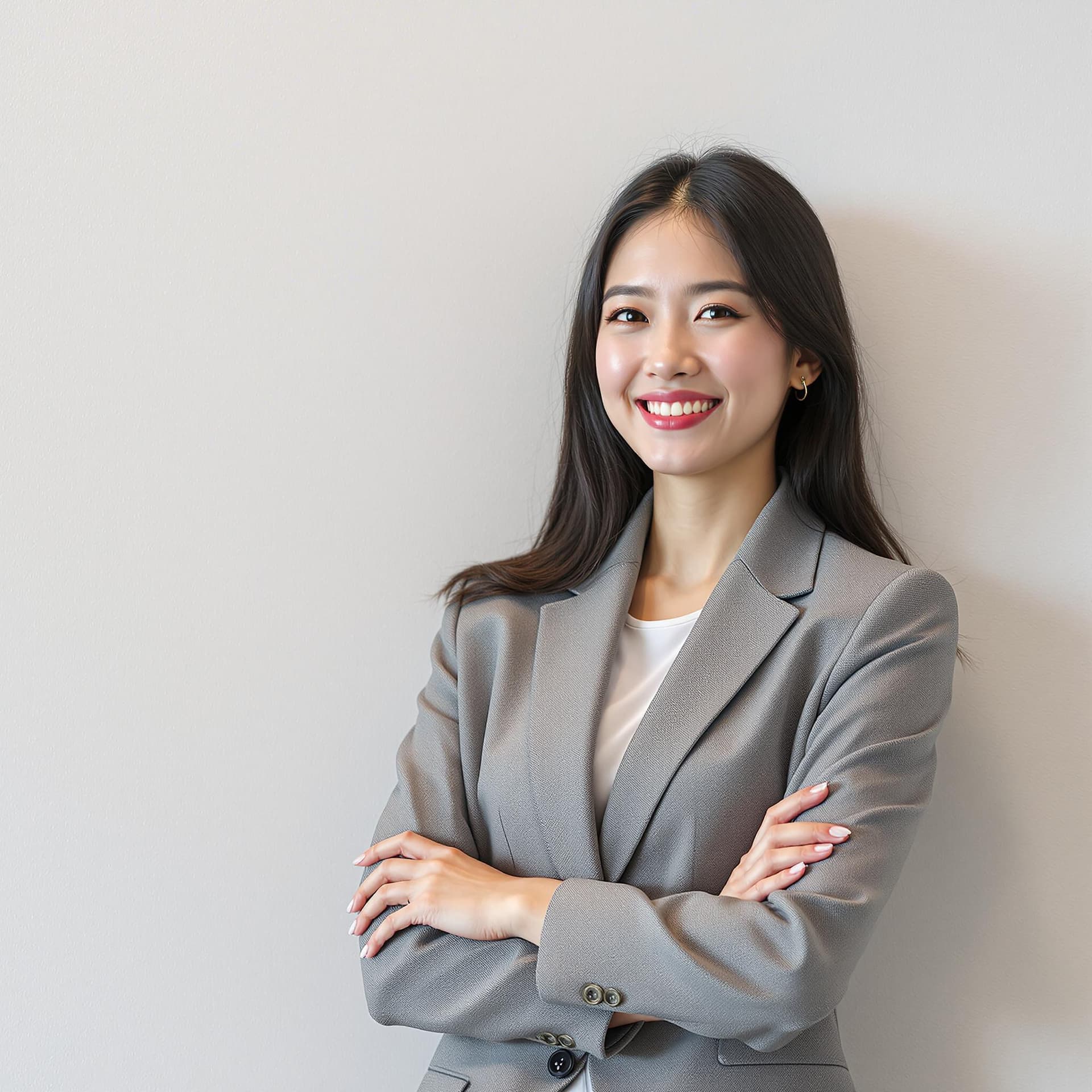 AI generated: asian woman in business professional attire, white wall