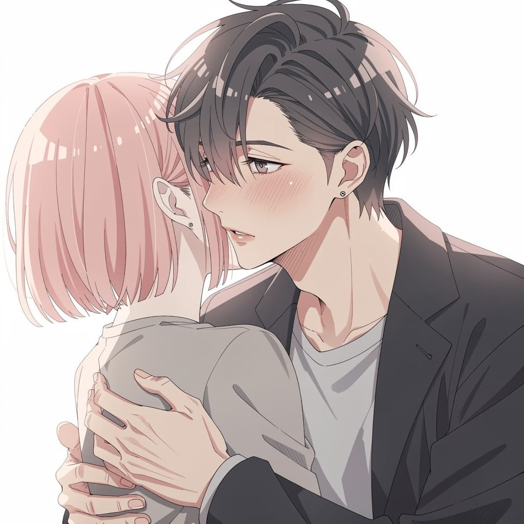 AI generated: oftly colored anime-style illustration depicting a very intimate, emotional moment between two young...