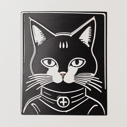 AI generated: Minimalist illustration in linocut style, the shape of the badge, the face of a cat and a book addin...