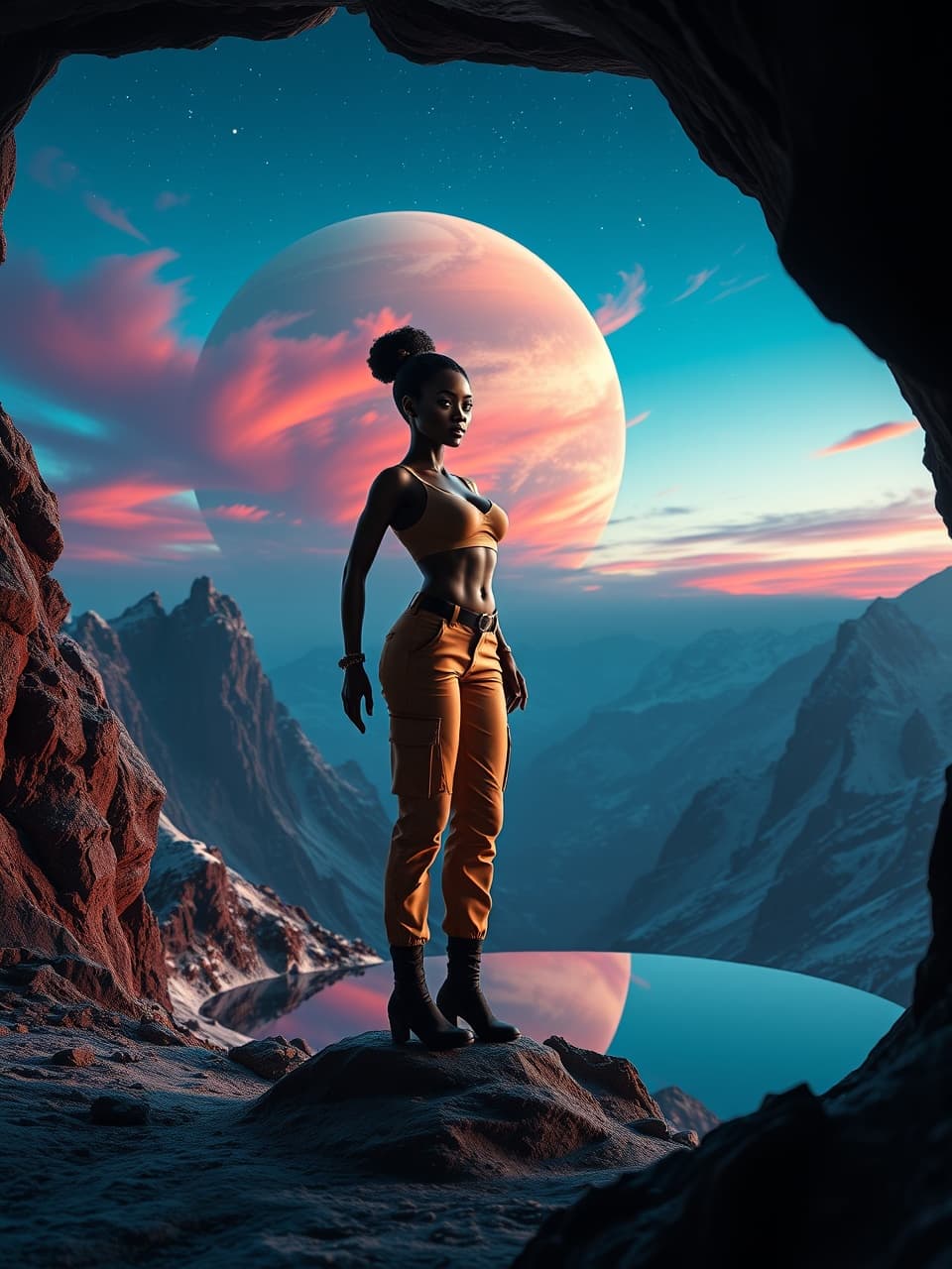 AI generated: A female space refugee, she is wearing tight bodycon cargo wear that highlights her figure. The sett...