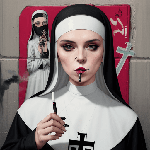 AI generated: a painting of a nun smoking a cigarette, style of Hush artist, religious art,  art, nun, Hush, graff...