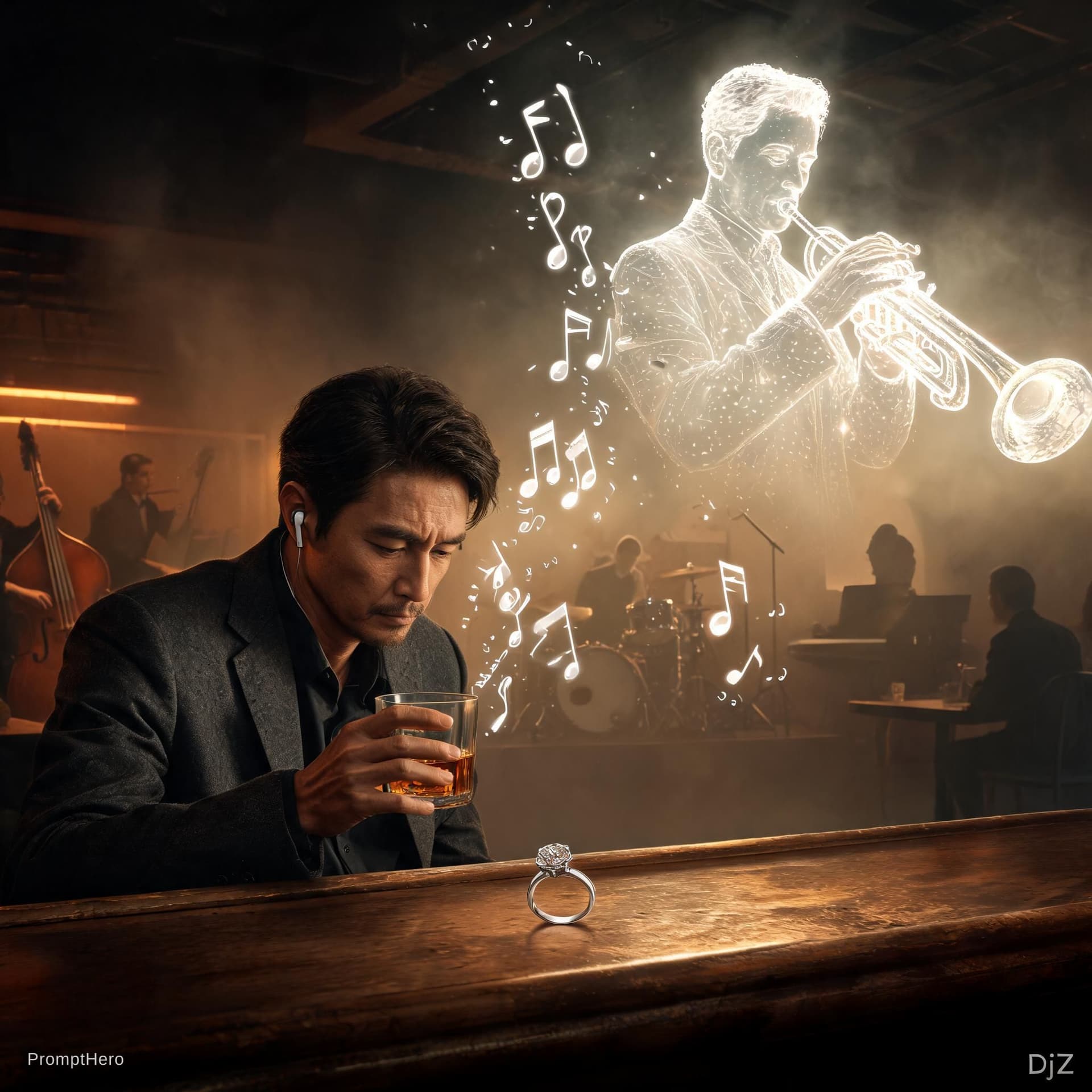AI generated: A master-level cinematic scene set in a late-night smoky jazz club at closing time. A man in his ear...