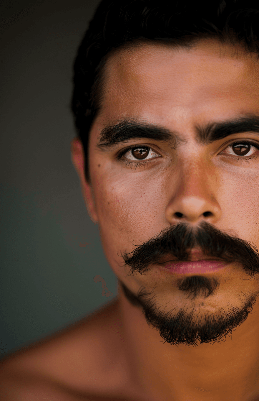 AI generated: Closeup of the face, showing detailed facial features and moustache, in the style of". Portrait phot...