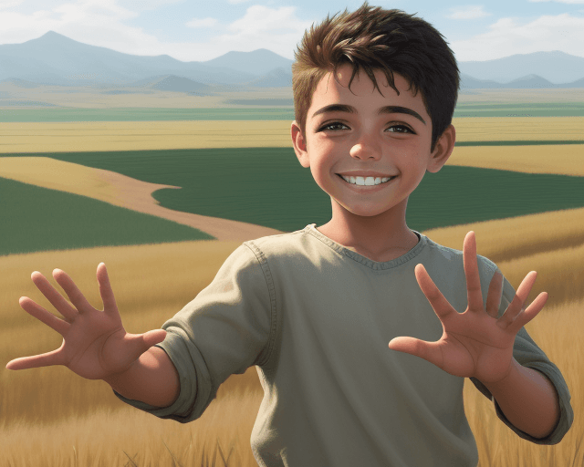 AI generated: realistic image of a boy with latino features smiling and waving with one hand with a landscape of p...