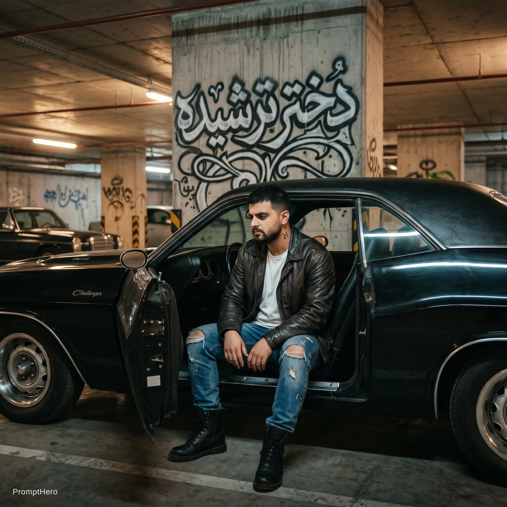 AI generated: *Rap cover art for "Sour Girl". A cool male rapper sitting sideways on the driver's seat of a vintag...