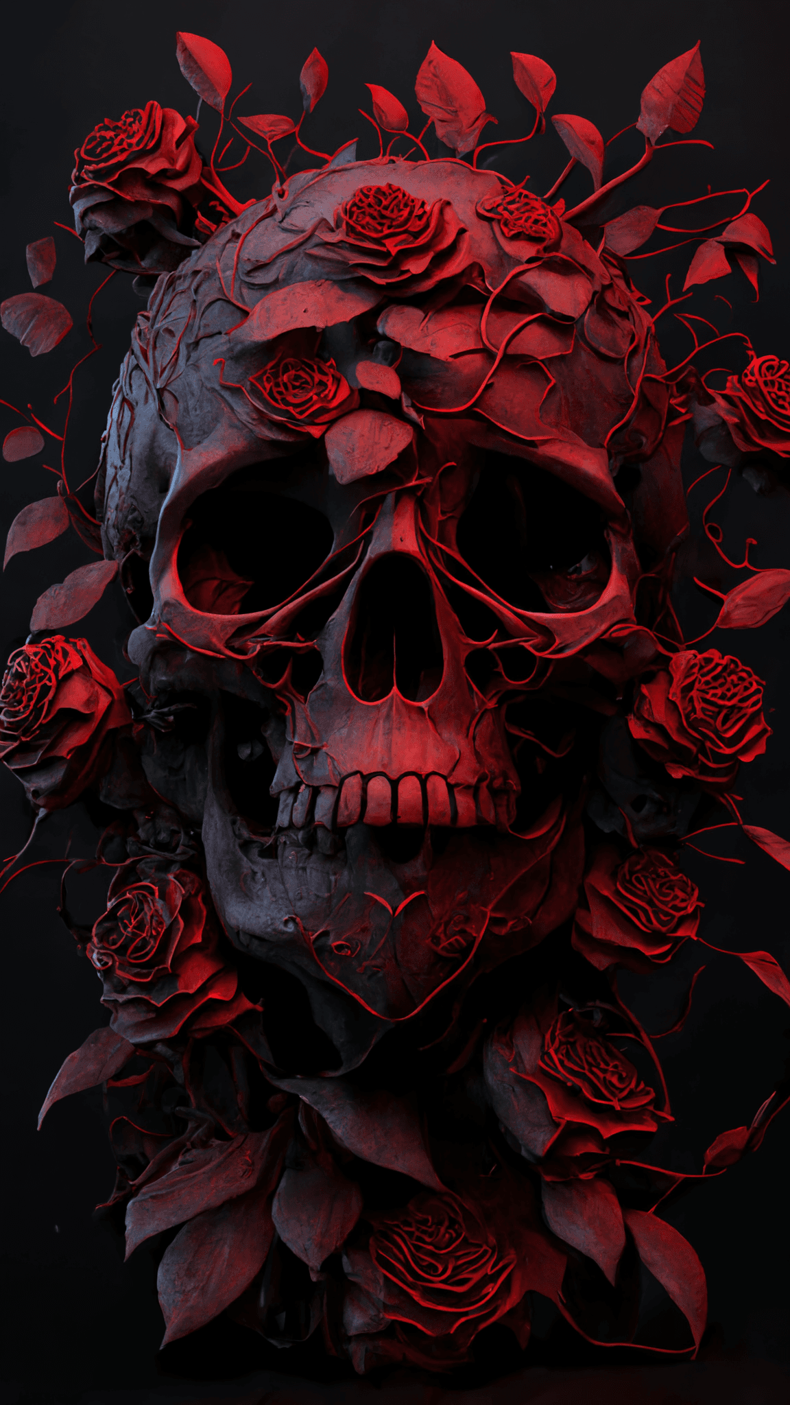 AI generated: skull made of red roses, organic horror, devil, death, giger, epic, baroque, art nouveau, james jean...