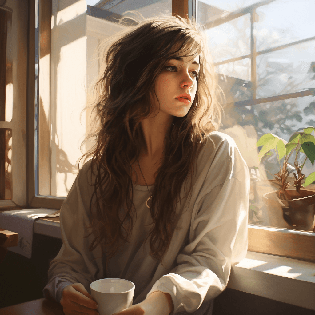 AI generated: Girl with coffee by window, in the style of charming anime characters, realistic portrait, photoreal...