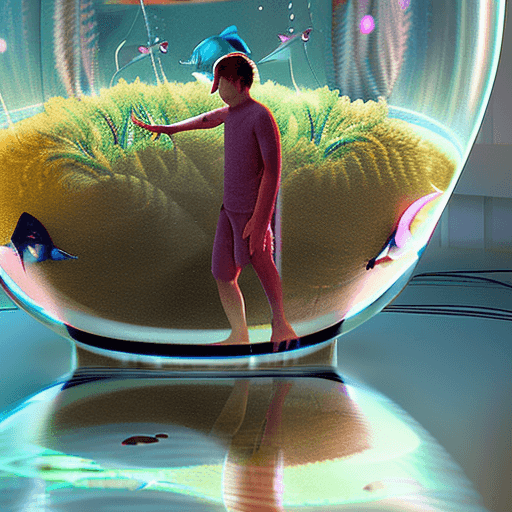 AI generated: A pale blonde teen boy in white pijamas floating inside a giant fishbowl, human aquarium, exhibition...