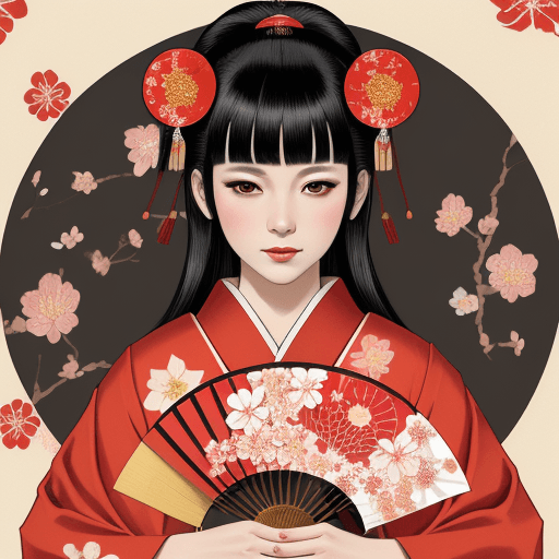 AI generated: An image of a queen wearing Japanese traditional clothes, holding a paper fan, black hair and brown ...