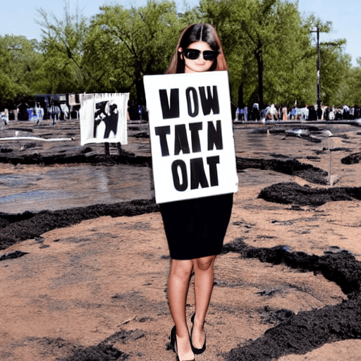 AI generated: selena gomez in a tar pit holding a sign