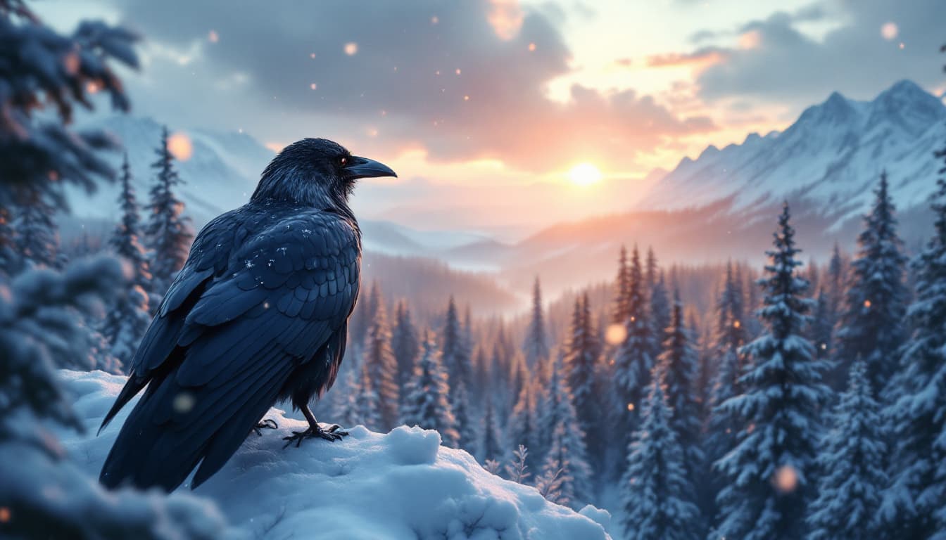 AI generated: Black crow, looking back, crossing the sky, overlooking the forest floor above a vast snow-covered c...