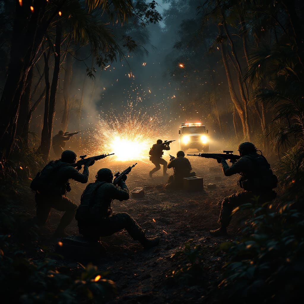AI generated: "A dark jungle at midnight, illuminated by flashes of gunfire and muzzle flashes. Elite special forc...