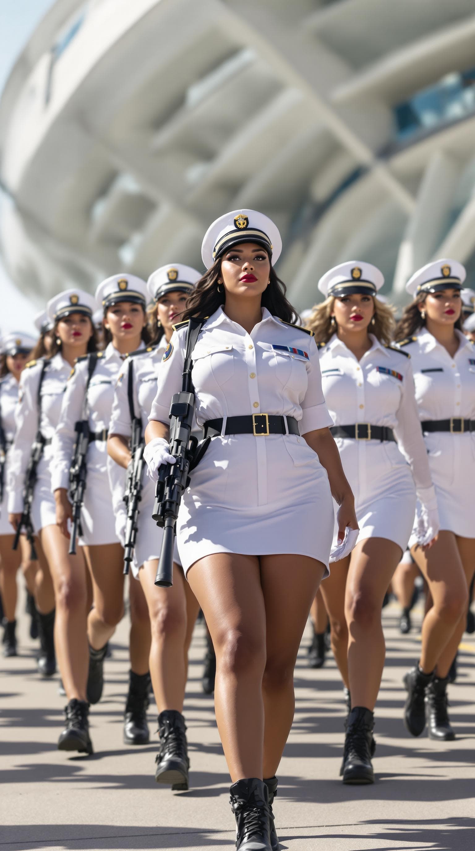 AI generated: A group of confident curvy female soldiers marching in formation, wearing white military uniforms wi...