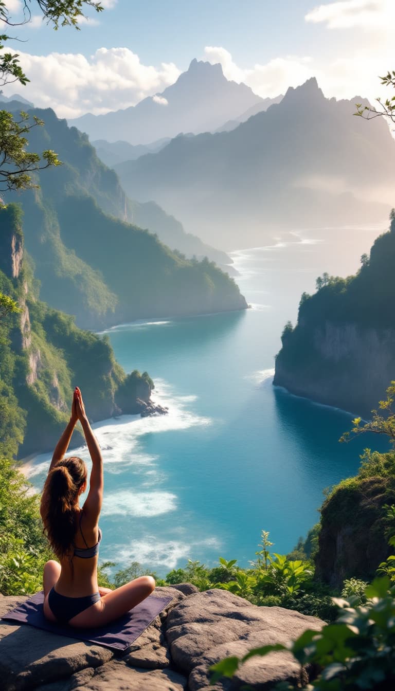 AI generated: view from the mountains to the incredibly beautiful sea in Bali, high detail, trees are green, and i...