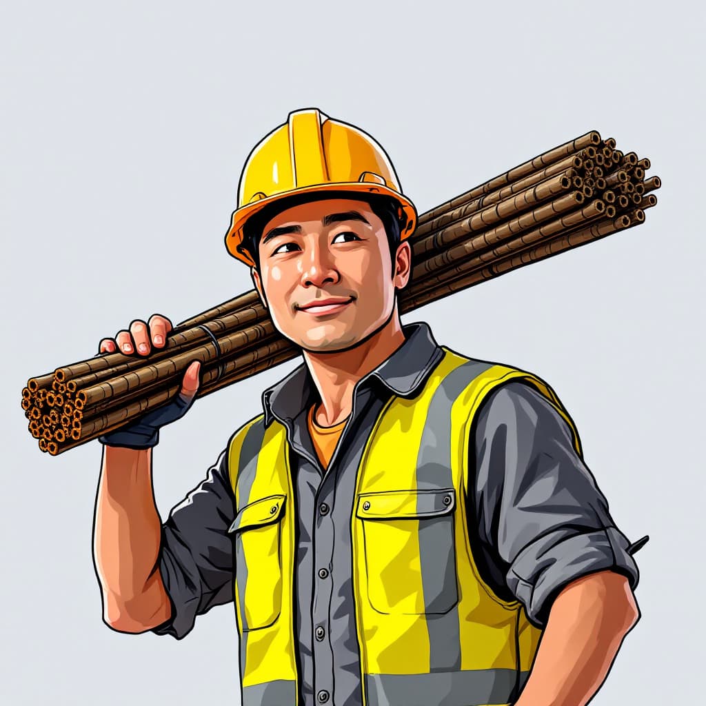 AI generated: Half-body cartoon-style image of an Asian construction worker wearing a work helmet and a reflective...