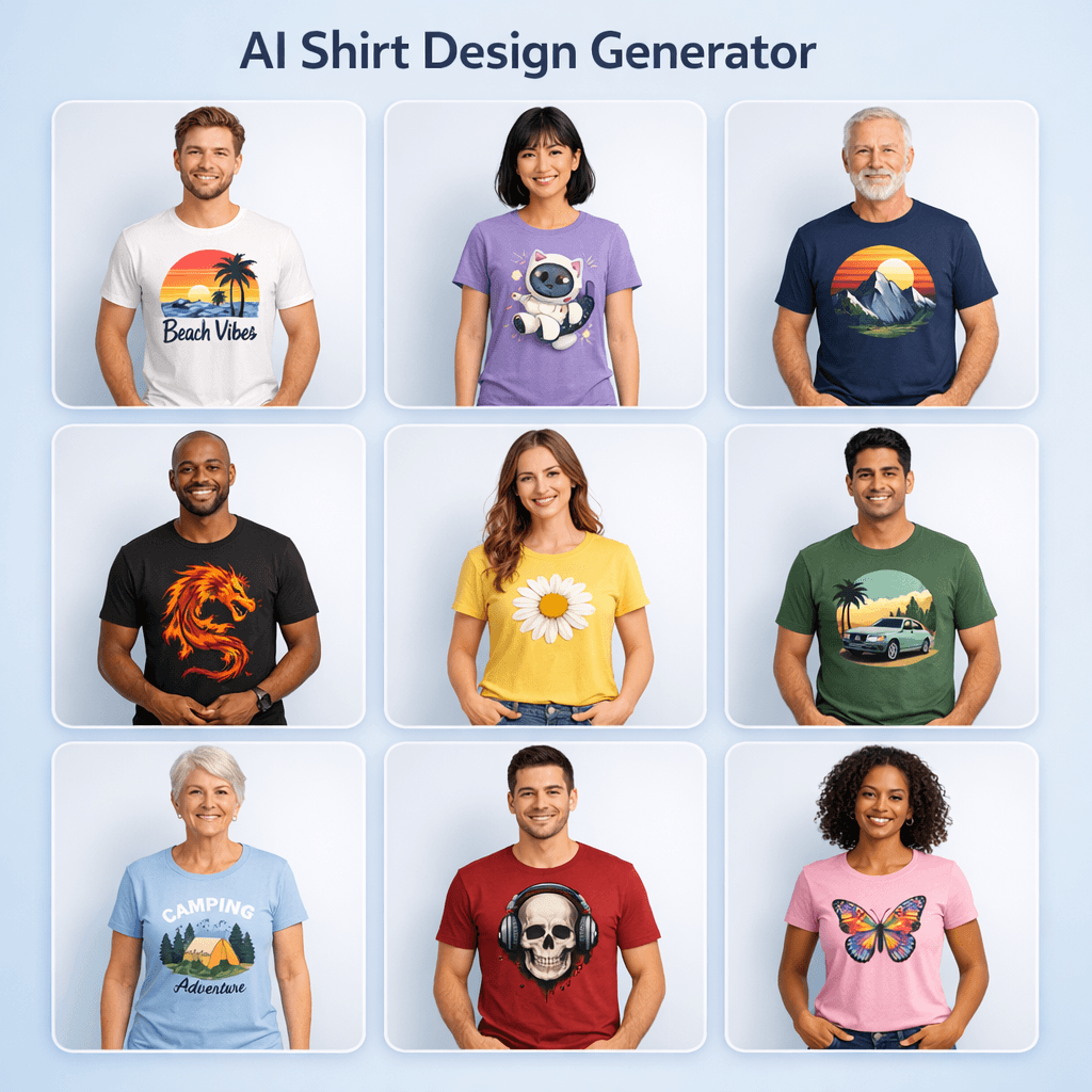 AI generated: Clean SaaS-style thumbnail for an AI Shirt Design Generator tool.Layout: a neat 3x3 grid of rounded ...