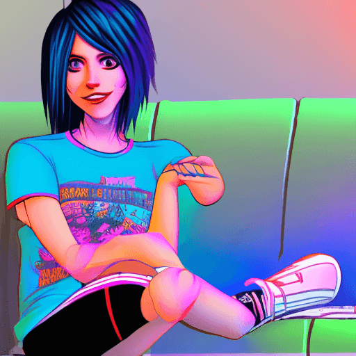 AI generated: Emo Woman, vibrant and full of bright colors, looking at the camera, emo band tshirt, slender thighs...