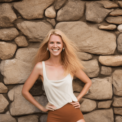 AI generated: gorgeous girl posed in front of a stone wall in italy, Butterscotch Blonde, looking at viewer, charm...