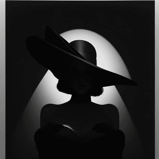 AI generated: a woman in a black dress is wearing a big hat to the right, in the style of clever use of negative s...