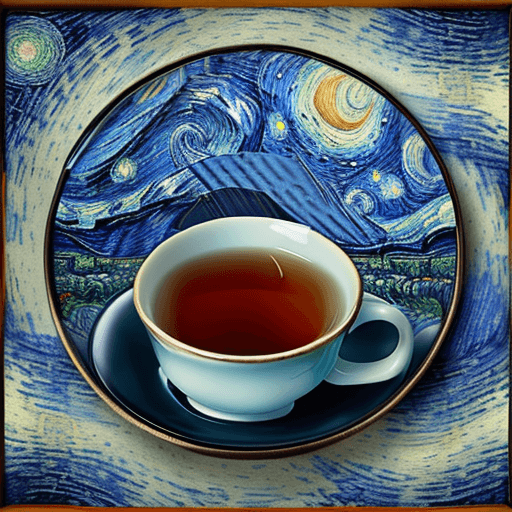 AI generated: cup of tea in the style of Van Gogh's Starry Night, on a table.  --ar 45:56 --s 250