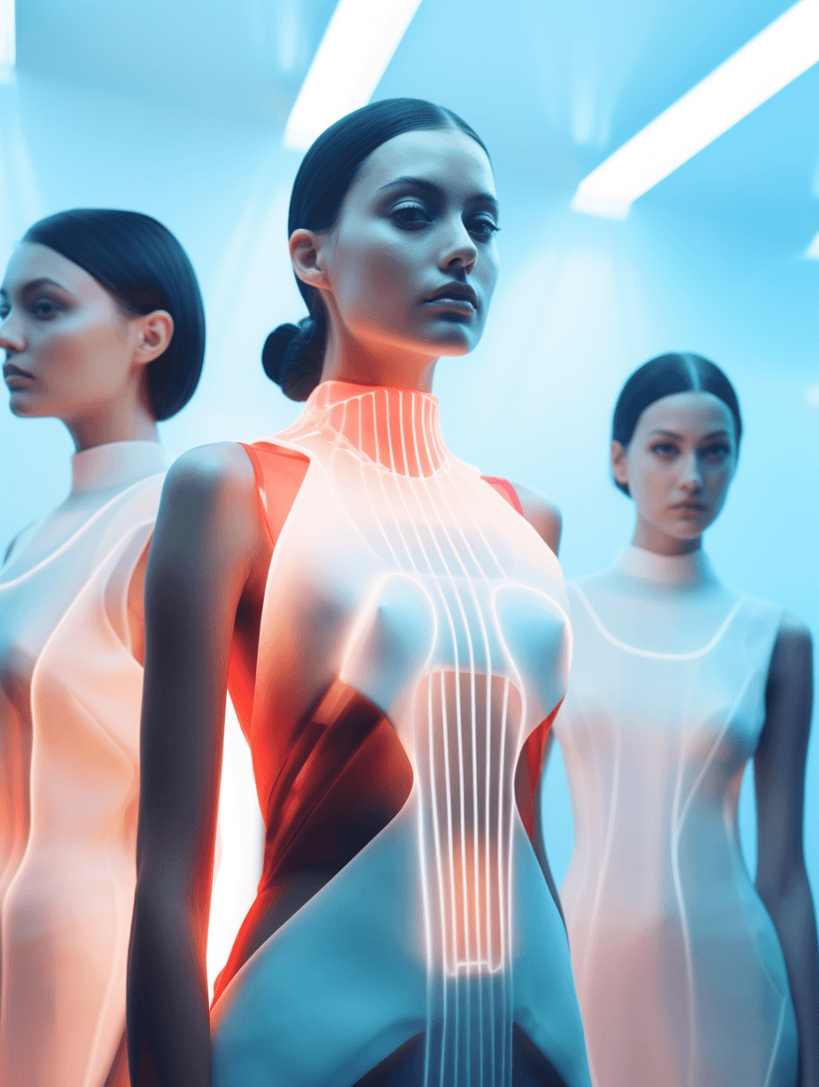 AI generated: disposable photography of fashion models wearing 3d printed dress, futuristic, 8k, photo realism, --...