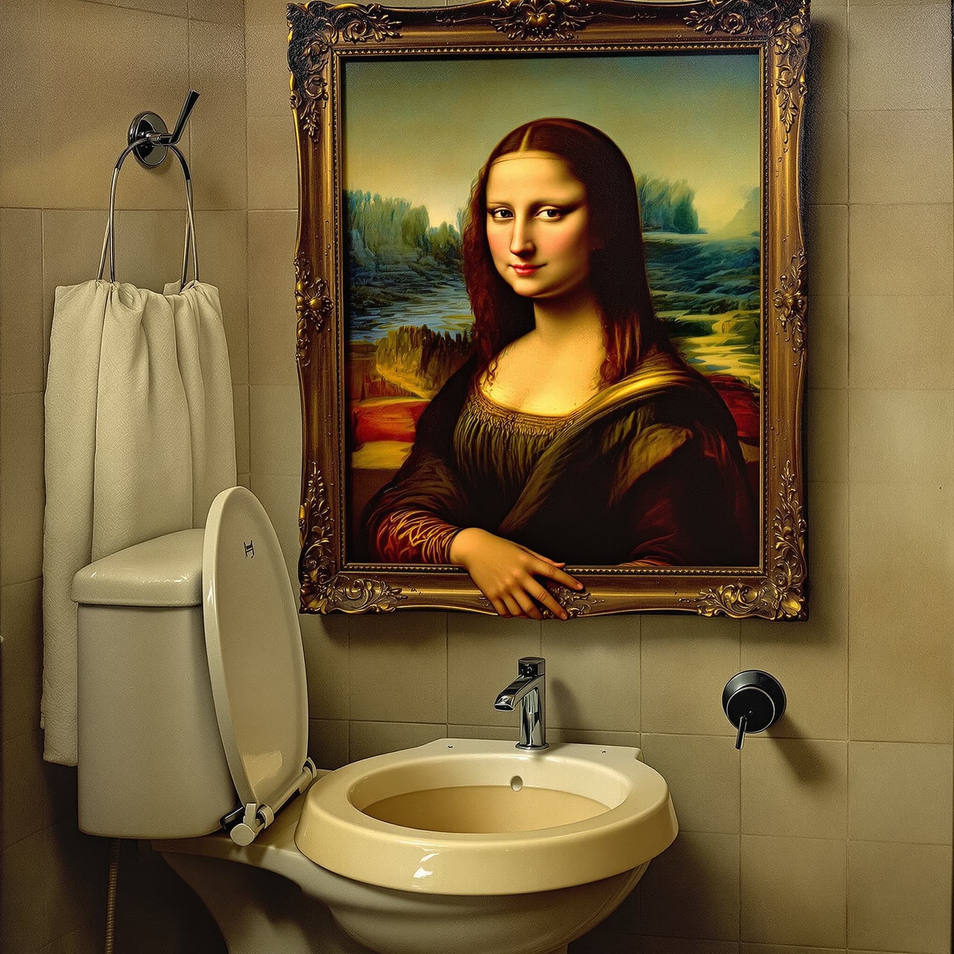 AI generated: An oil painting of Mona Lisa holding her nose over a toilet bowl in a bathroom, inspired by Renaissa...