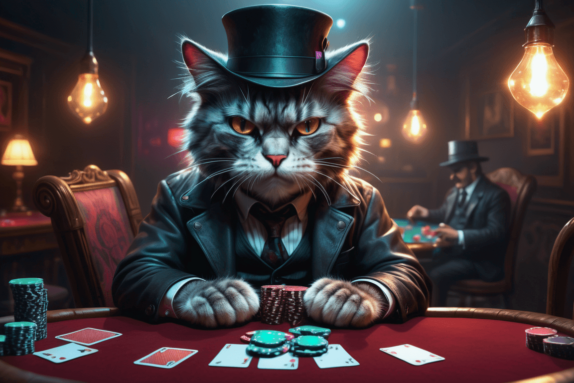 AI generated: angry cat playing poker, hat, fog, veste, in style of mafia, victorian, cyberpunk, luminescente, ele...